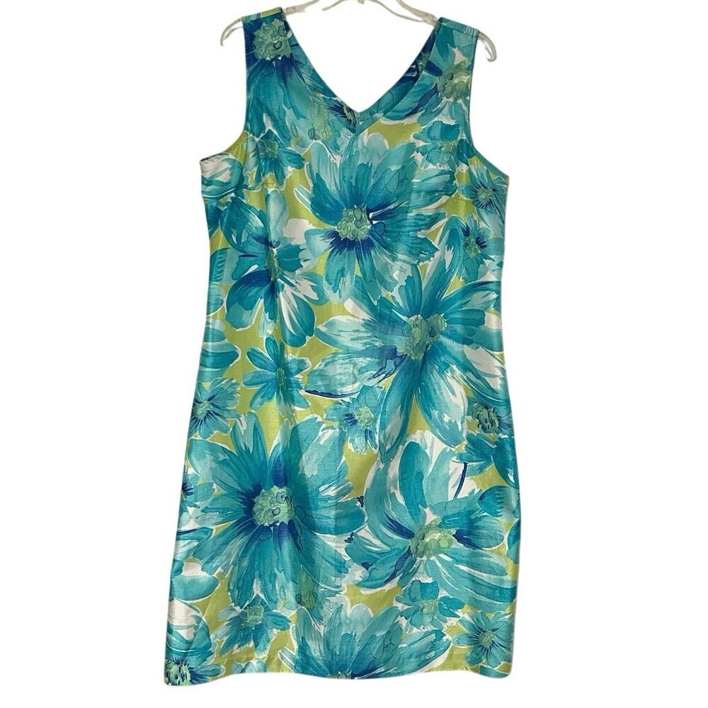 Expressions Tropical Flower Shift Dress Shimmer Faux Woven Silk 16 Aqua Retro